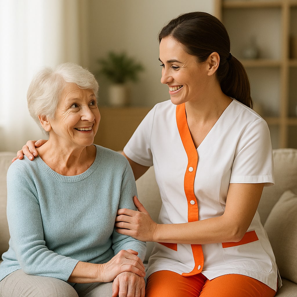 Auxiliare de vie travaillant pour Monaco Santé Services auprès d'une personne âgée dont elle s'occupe.