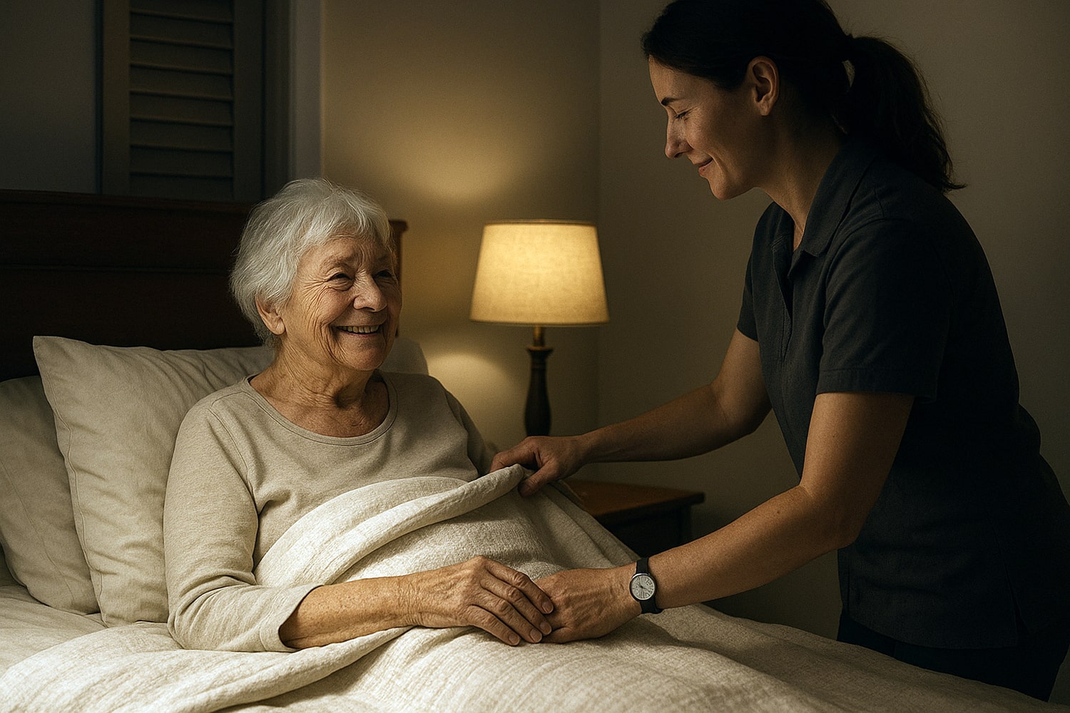 Garde itinérant de nuit rendant visite à une femme âgée à son domicile pour l'aider et la rassurer.