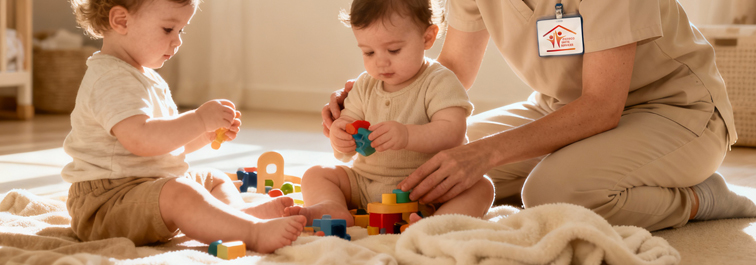 Jeune femme sérieuse qui travaille pour Monaco Santé Services garde des enfants en leur faisant faire des jeux ludiques.