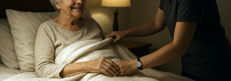 Garde itinérant de nuit visitant une personne âgée la nuit à son domicile.